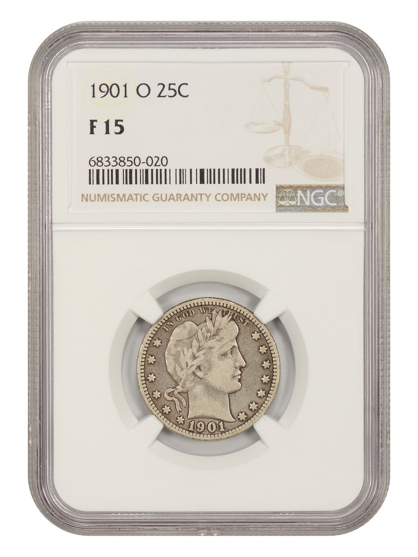 Barber Quarter 1901 O 25C NGC F 15: Barber Quarter 1901 O 25C NGC F 15 1901-O Barber Quarter certified by NGC in Fine 15. This circulated, pre-owned 25-cent coin was struck in 1901 at the New Orleans Mint. Specifications Denomination: 2