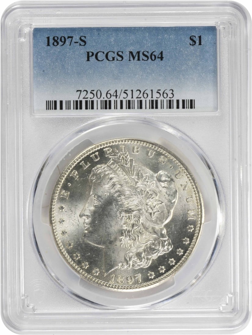 MS64 PCGS Certified 1897 San Francisco Morgan Dollar Silver Coin: MS64 PCGS Certified 1897 San Francisco Morgan Dollar Silver Coin This is an 1897-S Morgan Silver Dollar graded MS64 by PCGS. Struck at the San Francisco Mint, this uncirculated coin features a composi