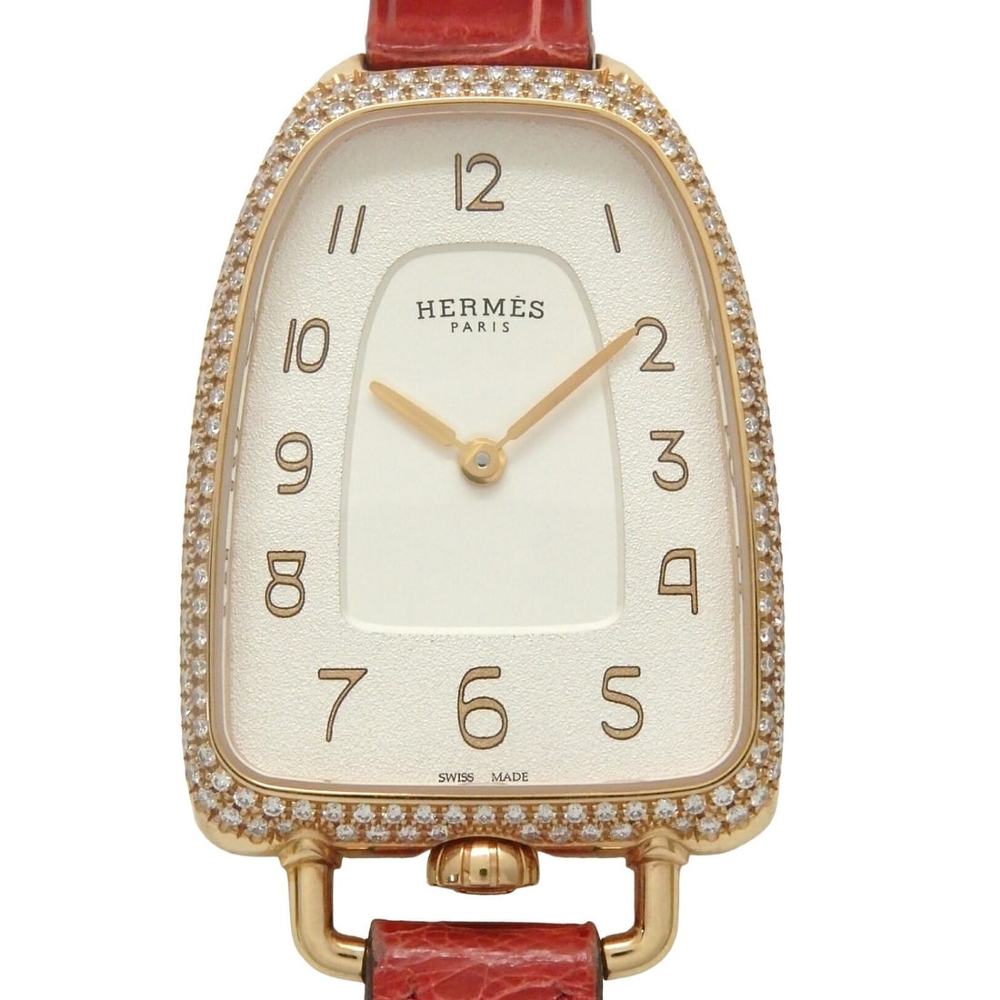 Hermes Galop GM womens wristwatch diamond bezel GA1.271 18K pink gold: Hermes Galop GM womens wristwatch diamond bezel GA1.271 18K pink gold Ladies' Hermes Galop GM wristwatch with a diamond bezel, quartz movement, and an 18K pink gold and leather construction. It is a p