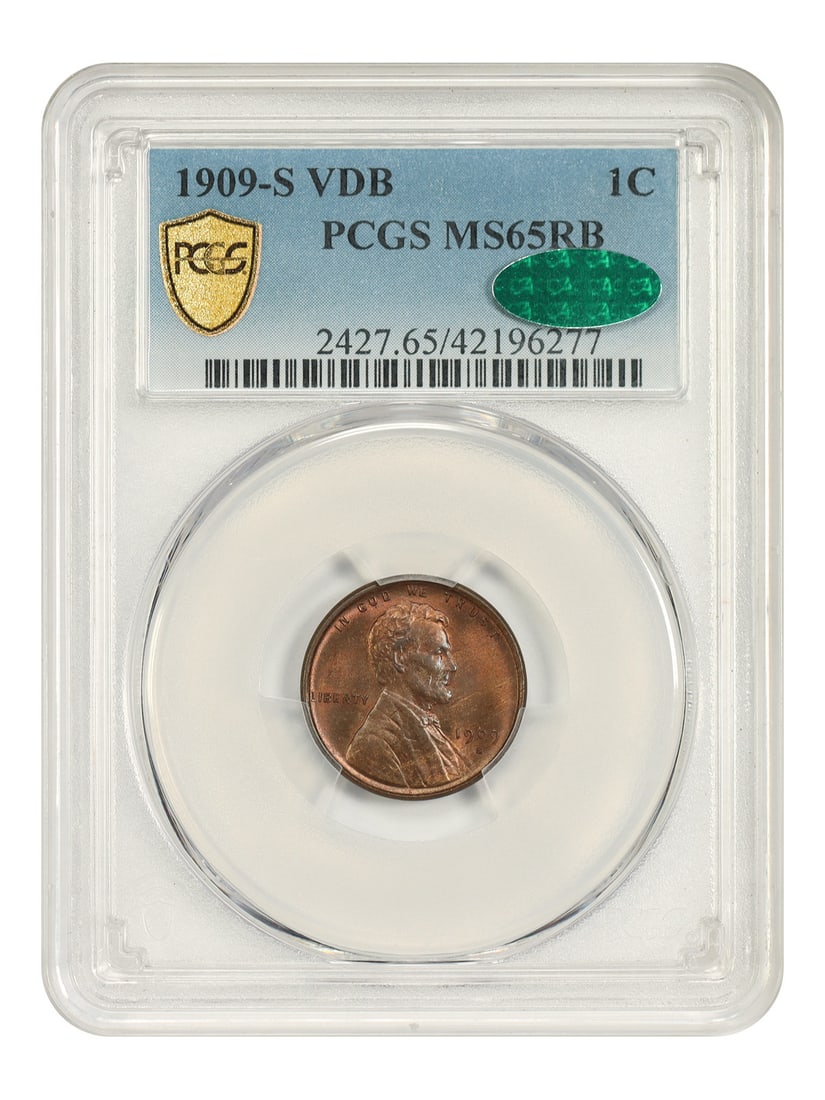 PCGS CAC MS65RB 1909-S VDB Lincoln Wheat Cent Key Date: PCGS CAC MS65RB 1909-S VDB Lincoln Wheat Cent Key Date 1909-S VDB Lincoln Cent with Wheat Reverse, graded PCGS MS65RB and CAC approved. This uncirculated key date cent is described as one of the prima