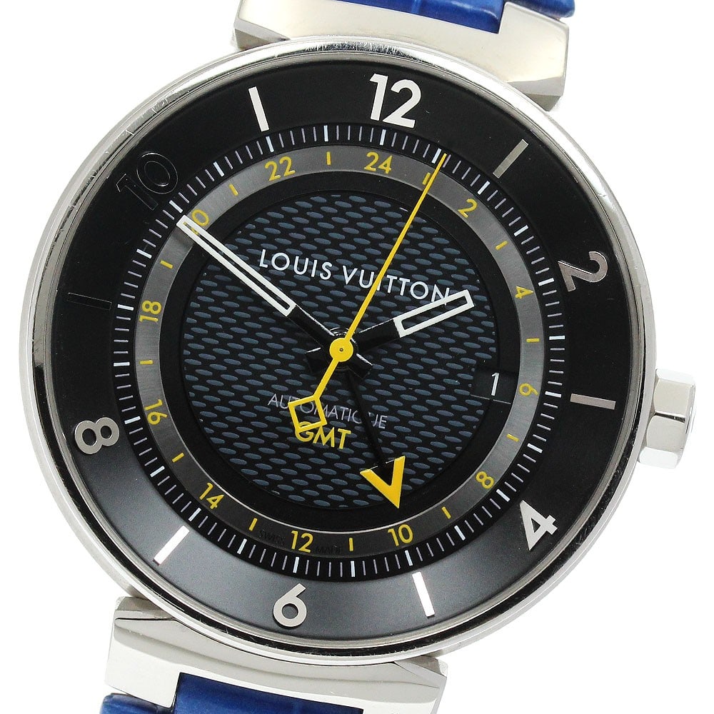Louis Vuitton Tambour Moon GMT Q8D30 Mens Automatic Date Watch: Louis Vuitton Tambour Moon GMT Q8D30 Mens Automatic Date Watch Pre-owned Louis Vuitton Tambour Moon GMT men's wristwatch with automatic movement and a black dial. This watch features date and GMT func
