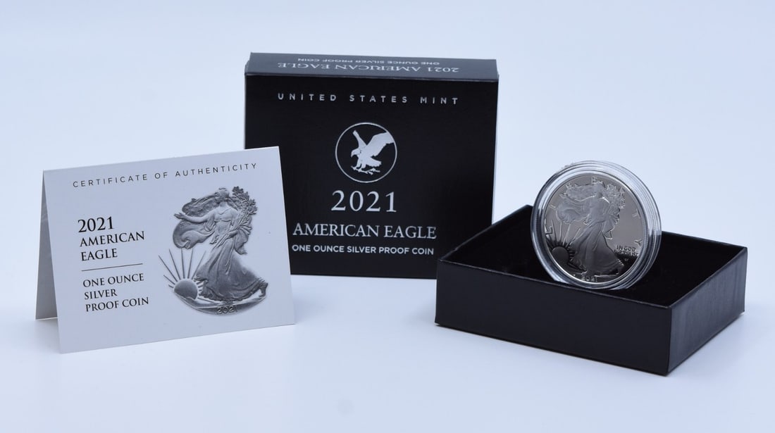 U.S. Mint 2021-W American Silver Eagle Proof Dollar Type 2 OGP: U.S. Mint 2021-W American Silver Eagle Proof Dollar Type 2 OGP 2021-W American Proof Silver Eagle Type 2 coin in original government packaging. This proof-strike issue contains 1 oz of silver and feat