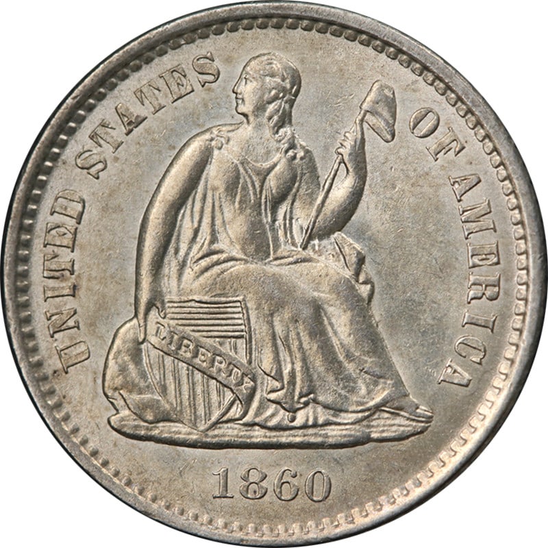 1860 O Seated Liberty Half Dime Silver Uncertified Uncirculated: 1860 O Seated Liberty Half Dime Silver Uncertified Uncirculated 1860-O Seated Liberty Half Dime with uncirculated details and strong visual appeal. The coin is described as having nice luster, a nice 