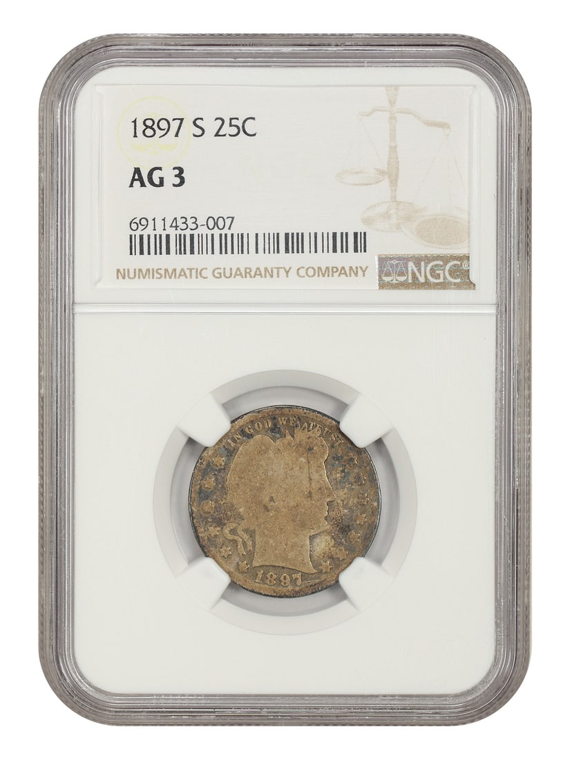 NGC AG03 1897-S Barber Quarter 25C: NGC AG03 1897-S Barber Quarter 25C 1897-S Barber Quarter certified by NGC in AG03 grade. This circulated, pre-owned coin is a 25C issue from the San Francisco Mint. Specifications Coin Type: Barber Qu