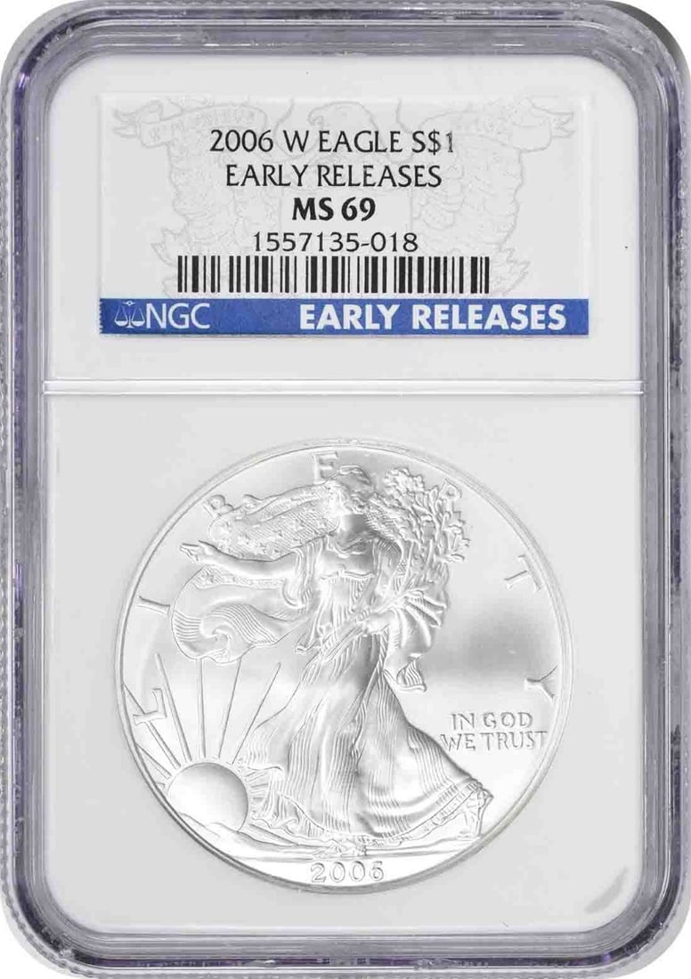 2006-W Burnished American Silver Eagle MS69 NGC Early Releases 1 oz Coin: 2006-W Burnished American Silver Eagle MS69 NGC Early Releases 1 oz Coin This 2006-W $1 American Silver Eagle is a burnished coin graded MS69 by NGC and classified as an Early Releases issue. Struck a