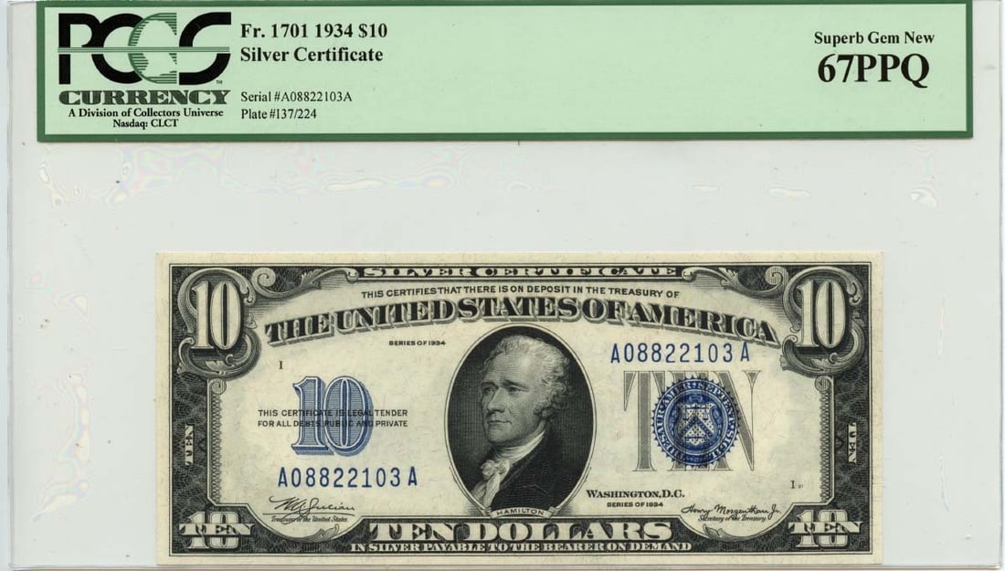 1934 $10 Silver Certificate Fr# 1701 PCGS Superb Gem 67 PPQ (1 of 2)