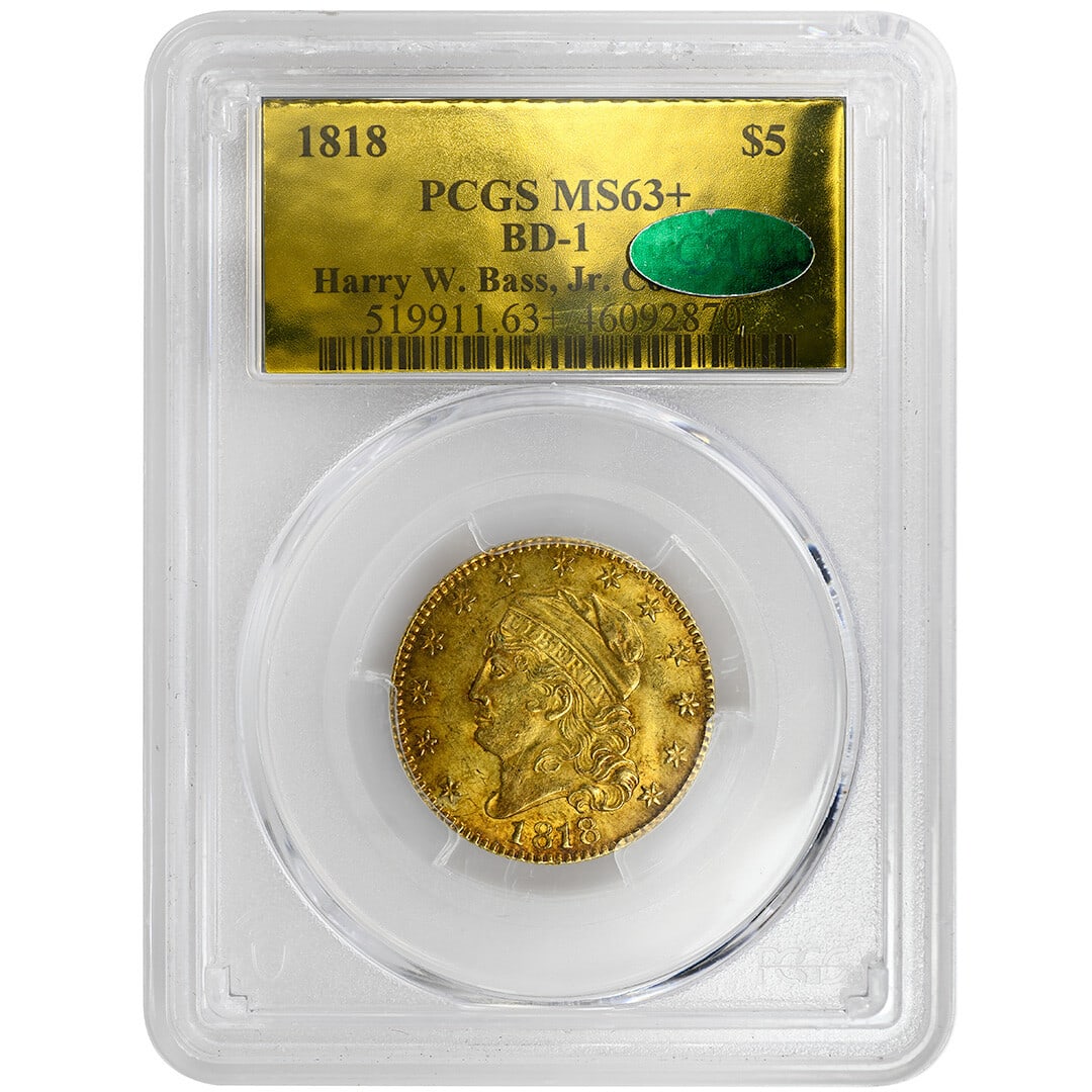1818 Capped Bust $5 Gold PCGS MS63 Plus CAC: 1818 Capped Bust $5 Gold PCGS MS63 Plus CAC This 1818 $5 Capped Bust gold coin is an uncirculated example graded MS63+ by PCGS and verified by CAC. Minted in Philadelphia, it features the Small Bust, 