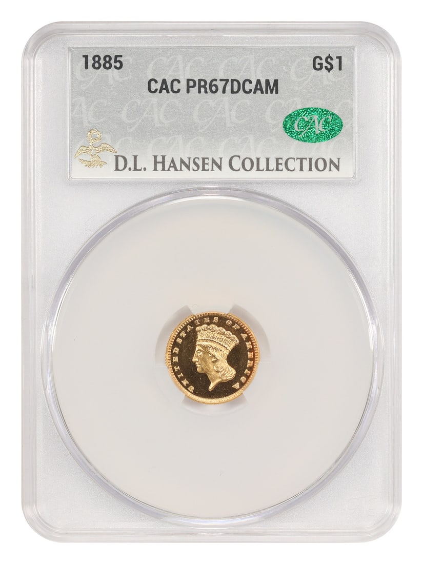 1885 Gold Dollar PR67DCAM CACG ex D.L. Hansen: 1885 Gold Dollar PR67DCAM CACG ex D.L. Hansen 1885 Gold Dollar certified by CACG in PR67DCAM and pedigreed ex: D.L. Hansen. Just five have been graded finer across all major grading services, with the