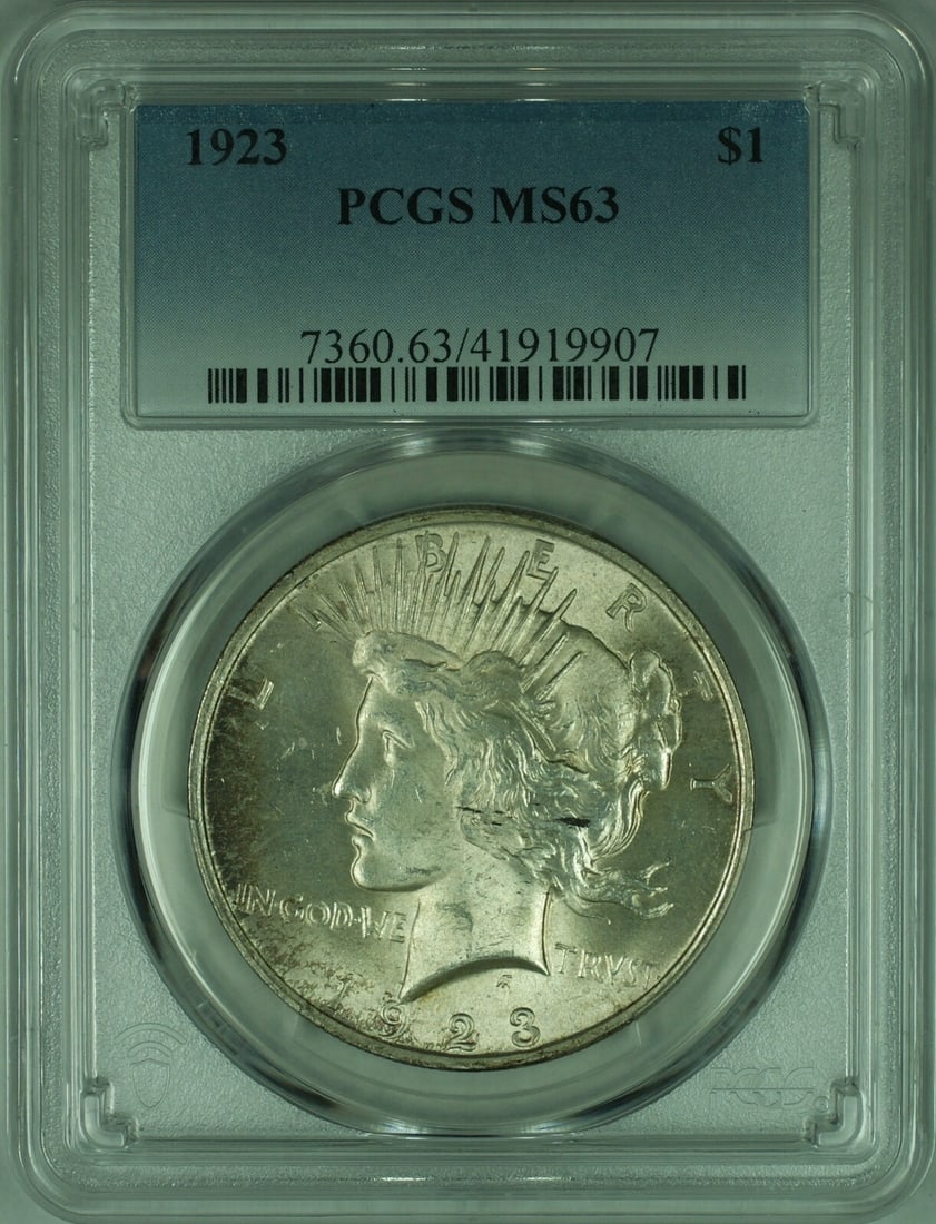 PCGS MS-63 1923 Peace Silver Dollar Lightly Toned Philadelphia Mint: PCGS MS-63 1923 Peace Silver Dollar Lightly Toned Philadelphia Mint This 1923 Peace Silver Dollar features a lightly toned finish and is certified by PCGS with a grade of MS-63. Minted in Philadelphia