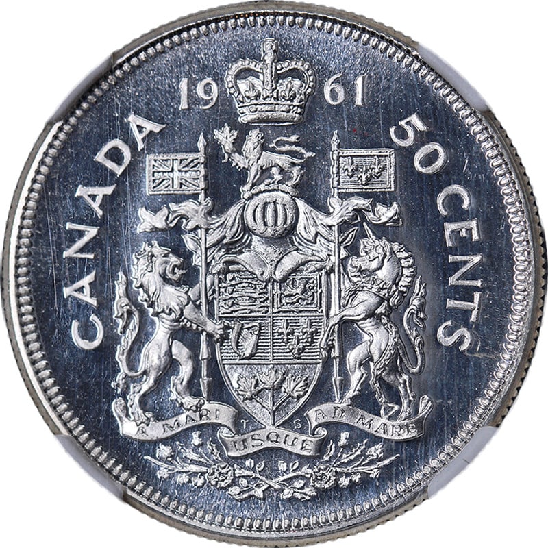 NGC Certified 1961 Silver 50 Cent Coin Canada PL67 Cameo Proof-Like: NGC Certified 1961 Silver 50 Cent Coin Canada PL67 Cameo Proof-Like This 1961 Canada Silver 50 Cent coin is certified by NGC as PL67 Cameo and remains un-used, exhibiting superb eye appeal, fantastic 