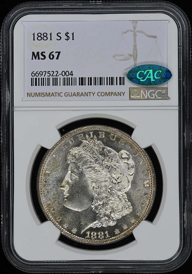 1881-S Morgan Dollar NGC MS67 CAC Uncirculated Coin: 1881-S Morgan Dollar NGC MS67 CAC Uncirculated Coin This stunning 1881-S Morgan Dollar is certified by NGC with a high grade of MS67, indicating it is in excellent uncirculated condition. Minted in Sa