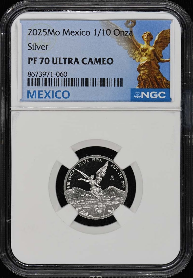 NGC PF70UC 2025 Mexico 1/10 Onza Libertad Silver Coin: NGC PF70UC 2025 Mexico 1/10 Onza Libertad Silver Coin 2025 Mo Mexico 1/10 Onza Libertad silver coin certified by NGC and graded PF70UC. This low mintage issue is listed as uncirculated and pre-owned. 