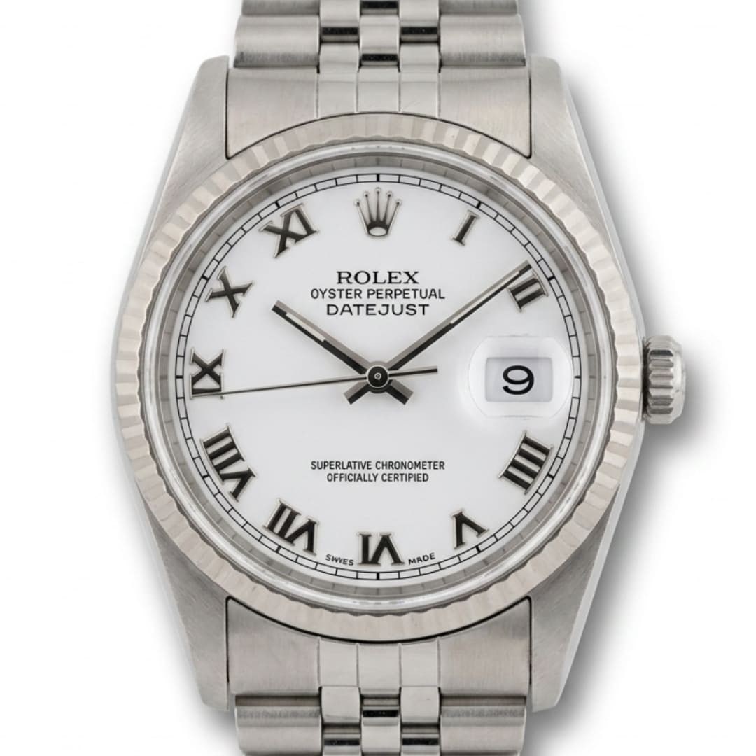 Rolex Datejust Ref 16234 36mm steel watch white Roman dial: Rolex Datejust Ref 16234 36mm steel watch white Roman dial Rolex Datejust reference 16234 with a stainless steel case and Jubilee bracelet. This men's wristwatch features a white dial with Roman numer