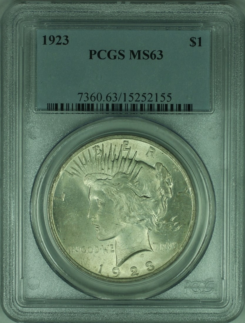 PCGS MS63 1923 Peace Silver Dollar: PCGS MS63 1923 Peace Silver Dollar This is a 1923 Peace Silver Dollar $1 coin from the United States, graded MS-63 by PCGS. The coin is composed of silver, was minted in Philadelphia, and is uncircula