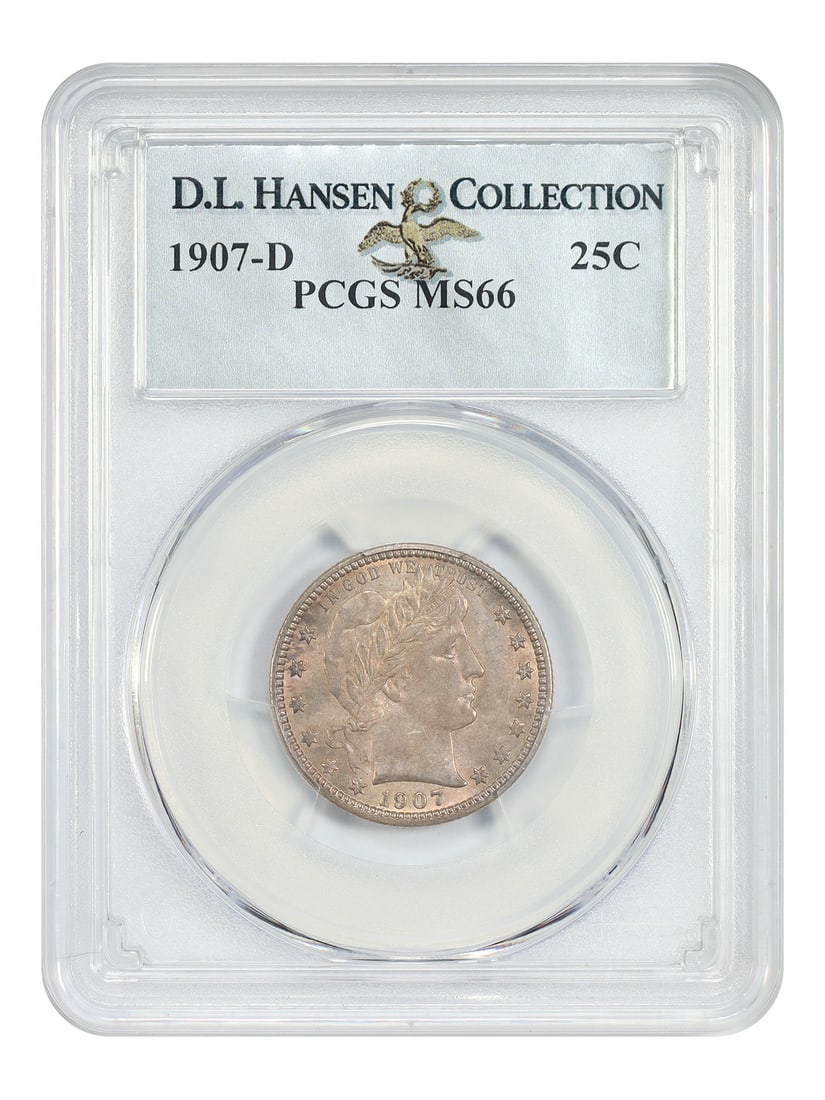 PCGS MS66 1907-D Barber Quarter 25C ex Pogue: PCGS MS66 1907-D Barber Quarter 25C ex Pogue 1907-D Barber Quarter certified PCGS MS66, ex: Pogue. This uncirculated Denver Mint example is described as a rare issue in wonderful condition and among t