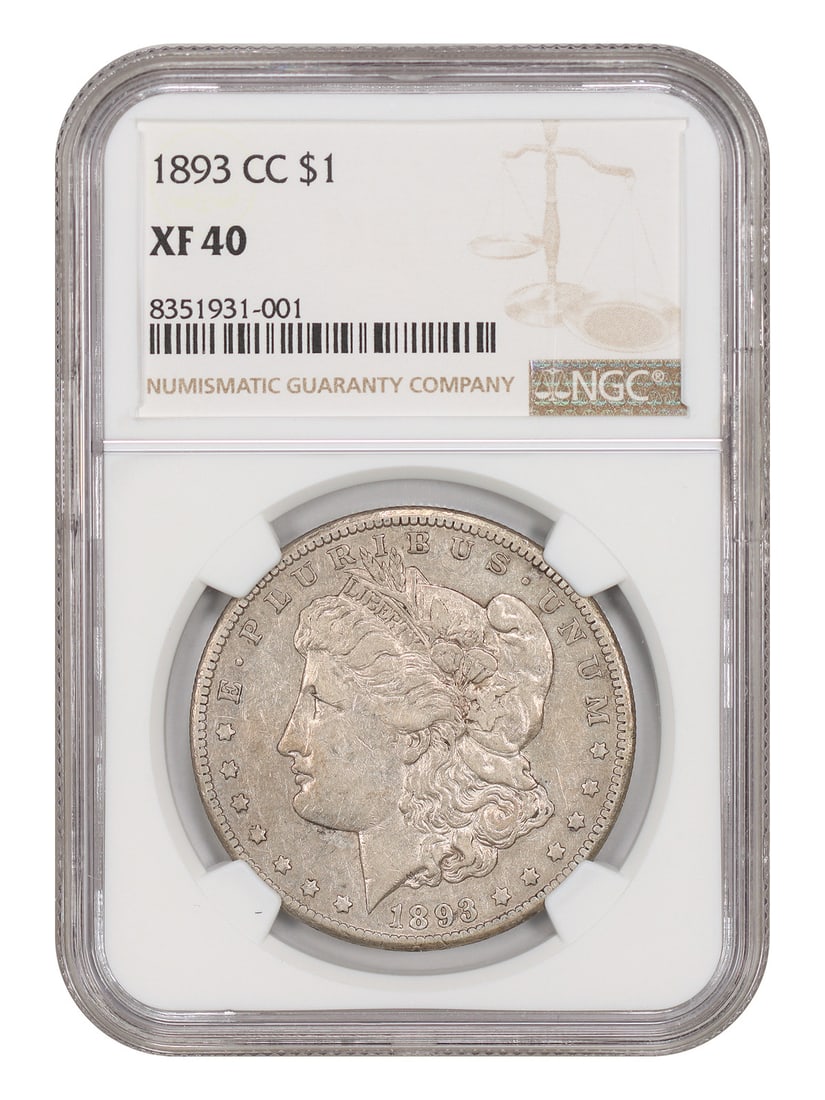 NGC XF40 1893 Carson City Morgan Silver Dollar $1: NGC XF40 1893 Carson City Morgan Silver Dollar $1 1893-CC Morgan Dollar certified by NGC in XF40 condition. This circulated Carson City issue is a very scarce date, with an original mintage of 677,000