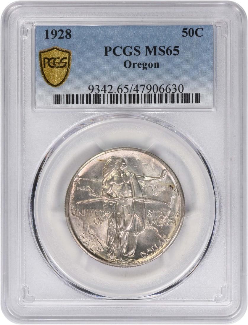 1928 Oregon Half Dollar 90 Percent Silver PCGS MS65 Commemorative Coin: 1928 Oregon Half Dollar 90 Percent Silver PCGS MS65 Commemorative Coin This Oregon Commemorative Half Dollar from 1928 is graded MS65 by PCGS and remains in uncirculated condition. Struck at the Phila