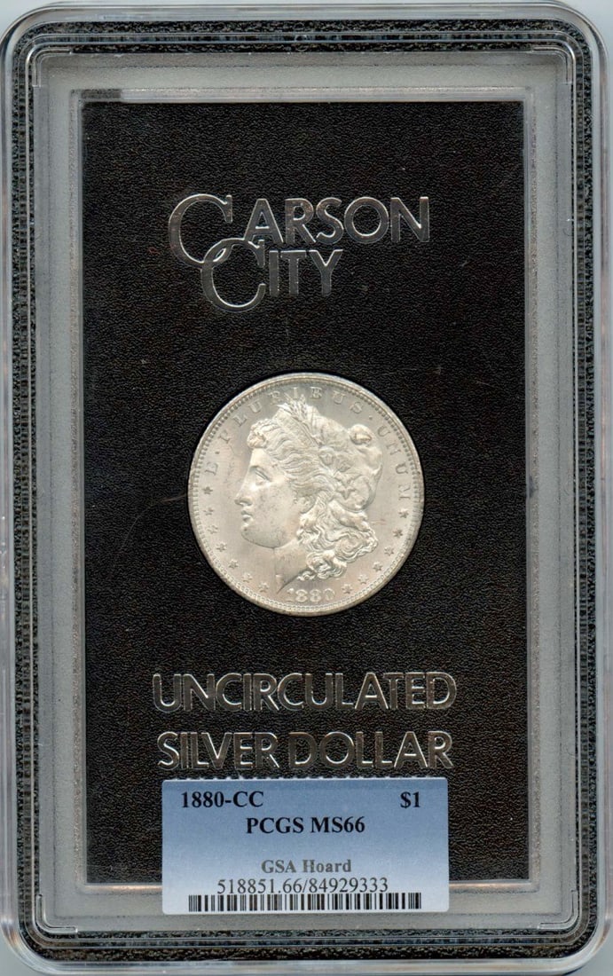 PCGS MS66 Carson City 1880 Morgan Silver Dollar GSA Hoard: PCGS MS66 Carson City 1880 Morgan Silver Dollar GSA Hoard This 1880-CC Morgan Dollar is part of the GSA Hoard and has been certified by PCGS with a grade of MS66. Minted in Carson City, this uncircula
