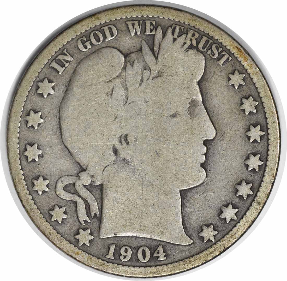 1904 S 50C Barber Half Dollar Silver VG Uncertified: 1904 S 50C Barber Half Dollar Silver VG Uncertified 1904-S Barber Half Dollar in circulated VG grade. This uncertified United States 50C coin is composed of silver and is offered as a pre-owned piece.