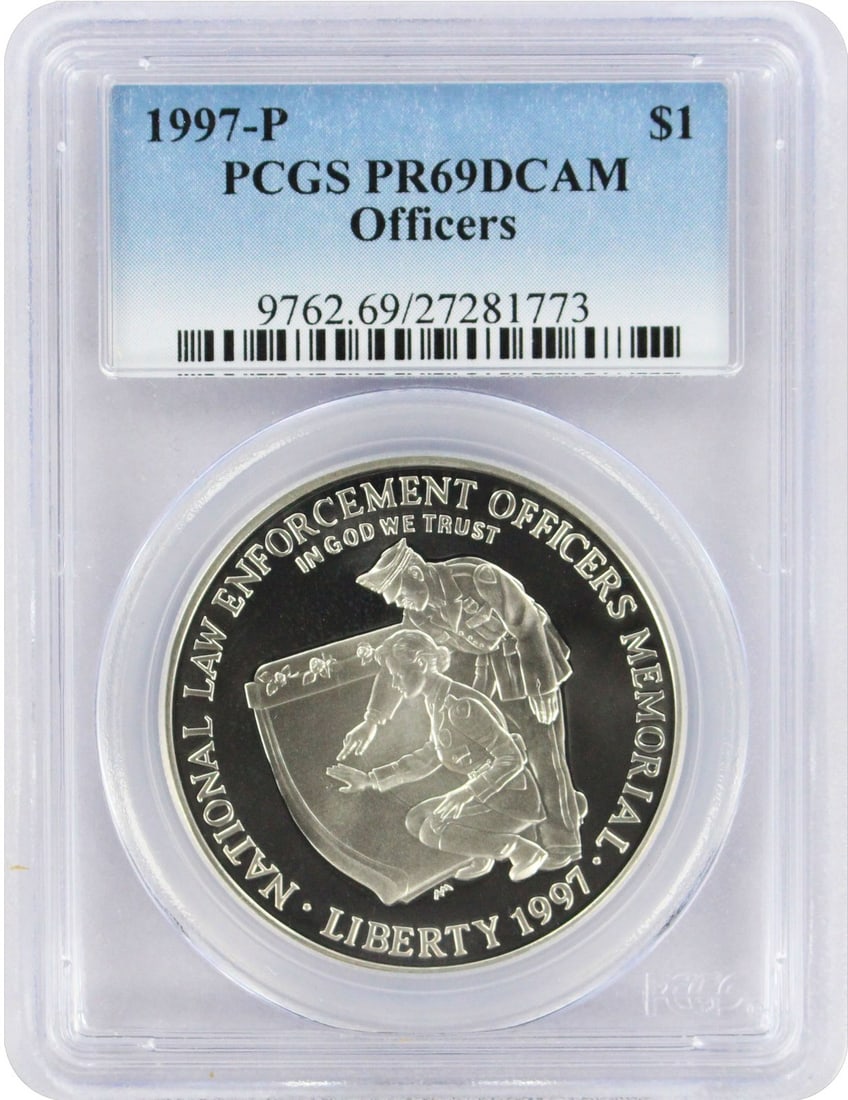 PCGS PR69DCAM 1997 P Law Enforcement Silver Dollar Commemorative Proof: PCGS PR69DCAM 1997 P Law Enforcement Silver Dollar Commemorative Proof This 1997-P Officers Law Enforcement Silver Commemorative Dollar is a proof coin issued by the United States to honor law enforce
