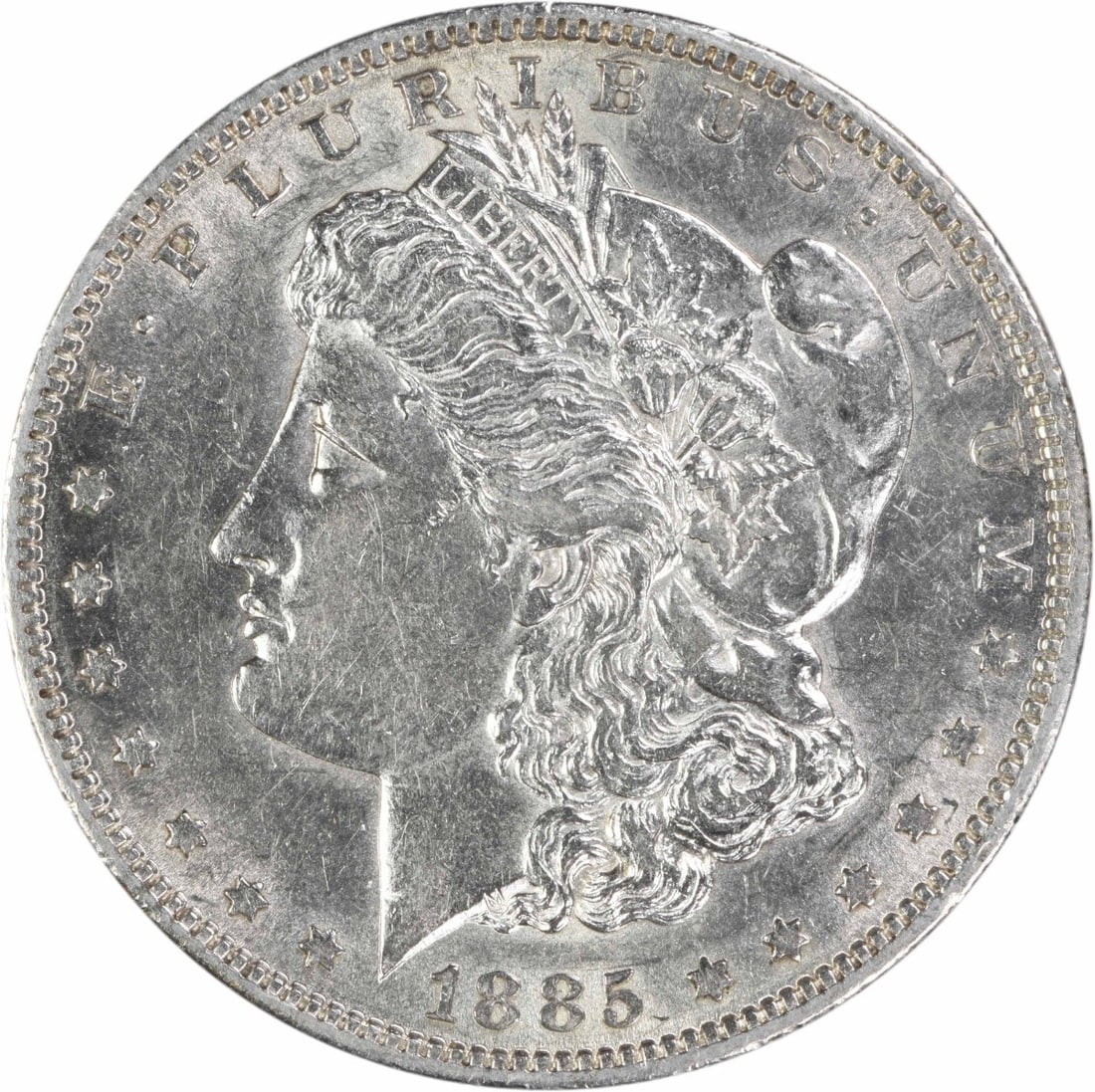 1885 San Francisco Morgan Dollar AU Uncertified Silver Coin: 1885 San Francisco Morgan Dollar AU Uncertified Silver Coin This 1885-S Morgan Silver Dollar is an un-certified coin in About Uncirculated (AU) condition. Composed of 90% silver and 10% copper, it was