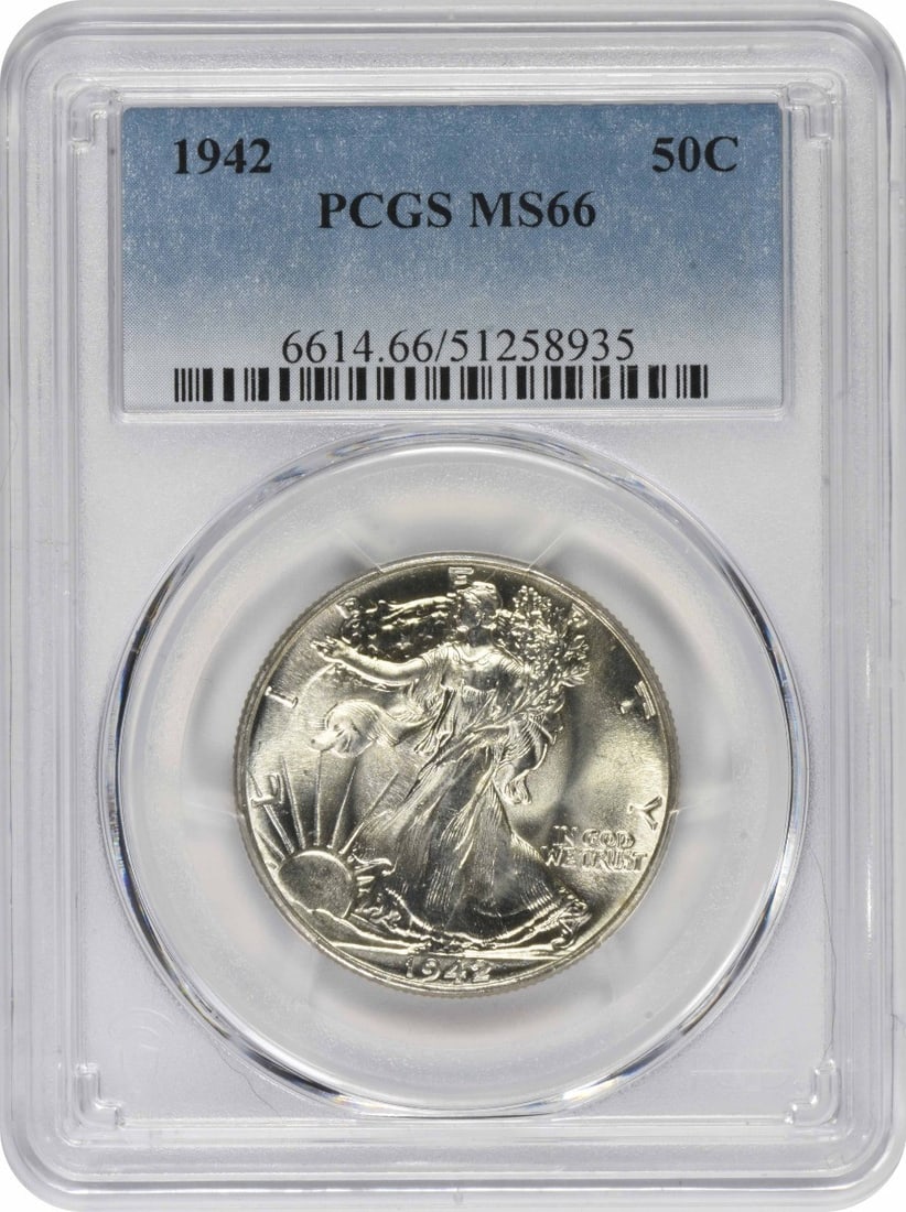 1942 Walking Liberty Silver Half Dollar MS66 PCGS Certified: 1942 Walking Liberty Silver Half Dollar MS66 PCGS Certified This 1942 Walking Liberty Silver Half Dollar is a stunning piece of numismatic history, graded MS66 by PCGS, ensuring its exceptional condit