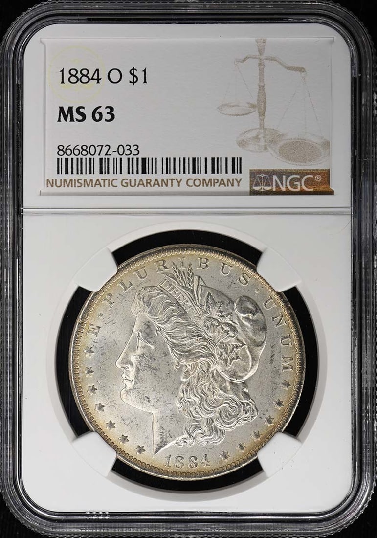 NGC MS63 1884 O Morgan Silver Dollar: NGC MS63 1884 O Morgan Silver Dollar 1884-O Morgan Dollar certified by NGC and graded MS63. This uncirculated United States silver dollar is a pre-owned example of the Morgan Dollar series. Specificat