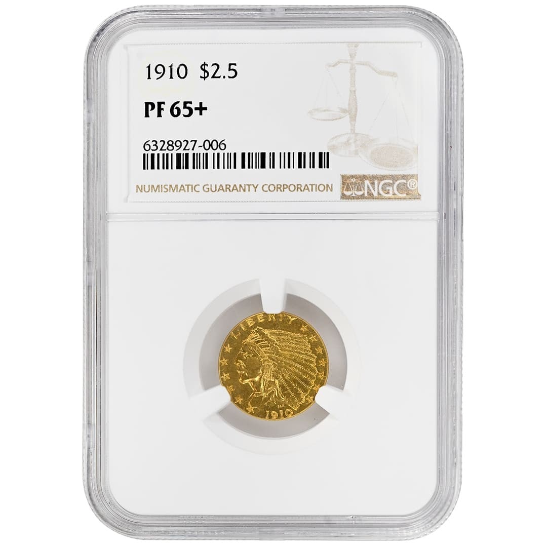 NGC PF65+ 1910 $2.50 Indian Proof Gold Coin: NGC PF65+ 1910 $2.50 Indian Proof Gold Coin 1910 $2.50 Indian proof gold coin certified by NGC and graded PF65+. This pre-owned example is an uncirculated proof strike from Philadelphia. The original 