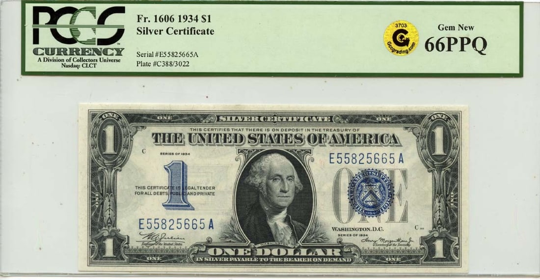 1934 $1 Silver Certificate PMG 66 EPQ FR#1606 Gold: 1934 $1 Silver Certificate PMG 66 EPQ FR#1606 Gold 1934 $1 Silver Certificate from the United States. This pre-owned note is described as uncirculated and features a GEM 66 EPQ designation in the titl