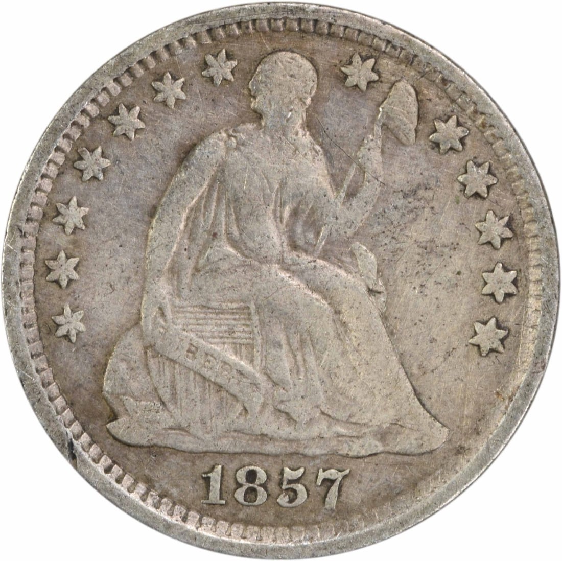 1857 Liberty Seated Half Dime Uncertified 90% Silver Coin: 1857 Liberty Seated Half Dime Uncertified 90% Silver Coin This 1857 Liberty Seated Silver Half Dime features a classic design by Christian Gobrecht and is a notable piece of American numismatic histor