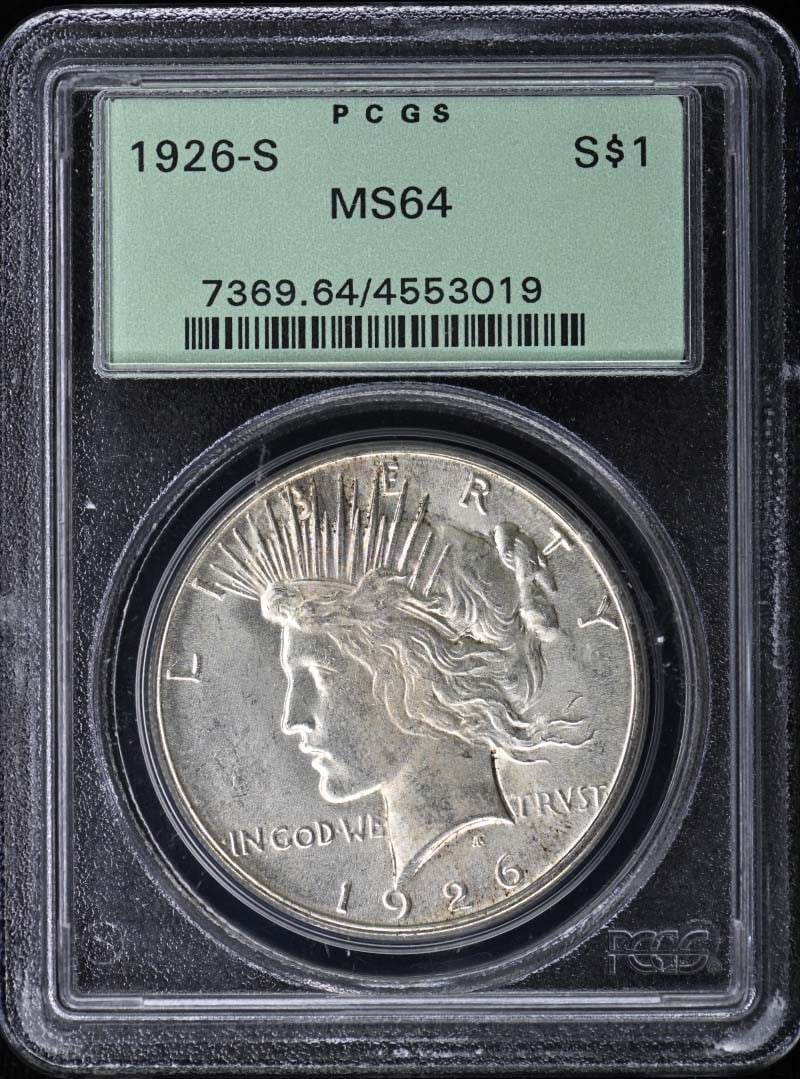 PCGS MS64 1926-S Peace Dollar $1 OGH: PCGS MS64 1926-S Peace Dollar $1 OGH 1926-S Peace Dollar certified by PCGS and graded MS64. This pre-owned coin is an uncirculated example of the United States Peace Dollar series and is housed in an 