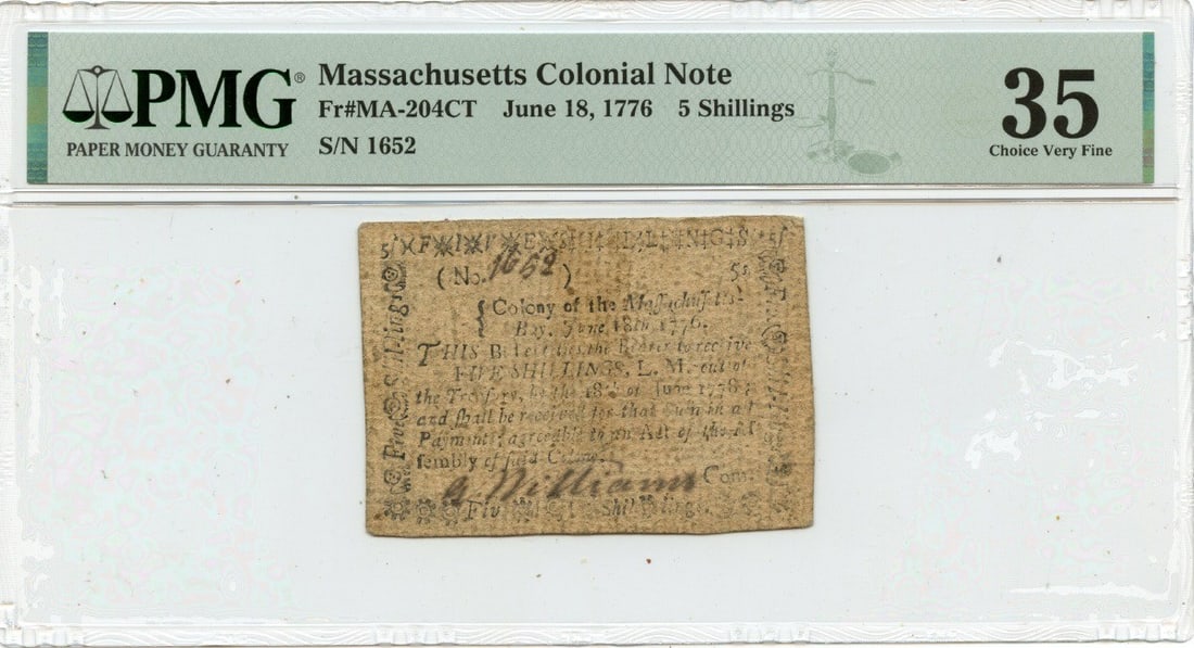 1776 Massachusetts 5 Shilling Note PMG VF35 Counterfeit: 1776 Massachusetts 5 Shilling Note PMG VF35 Counterfeit This item is a June 18, 1776, 5 shillings note from Massachusetts, recognized as Colonial Currency. It has been graded as VF35 by PMG, indicatin