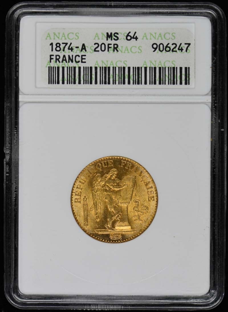 1874-A France 20 Franc Coin ANACS MS64 Uncirculated: 1874-A France 20 Franc Coin ANACS MS64 Uncirculated This 1874 20 Franc coin from France is certified by ANACS with a grade of MS64, indicating an uncirculated condition. This coin, a notable piece of 