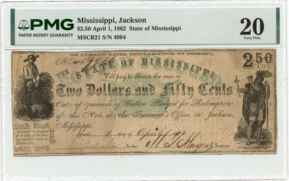PMG VF20 1862 Mississippi State of Mississippi Jackson $2.50 Obsolete Note: PMG VF20 1862 Mississippi State of Mississippi Jackson $2.50 Obsolete Note 1862 State of Mississippi obsolete note from Jackson, Mississippi, graded PMG VF20. This is a pre-owned, circulated example. 