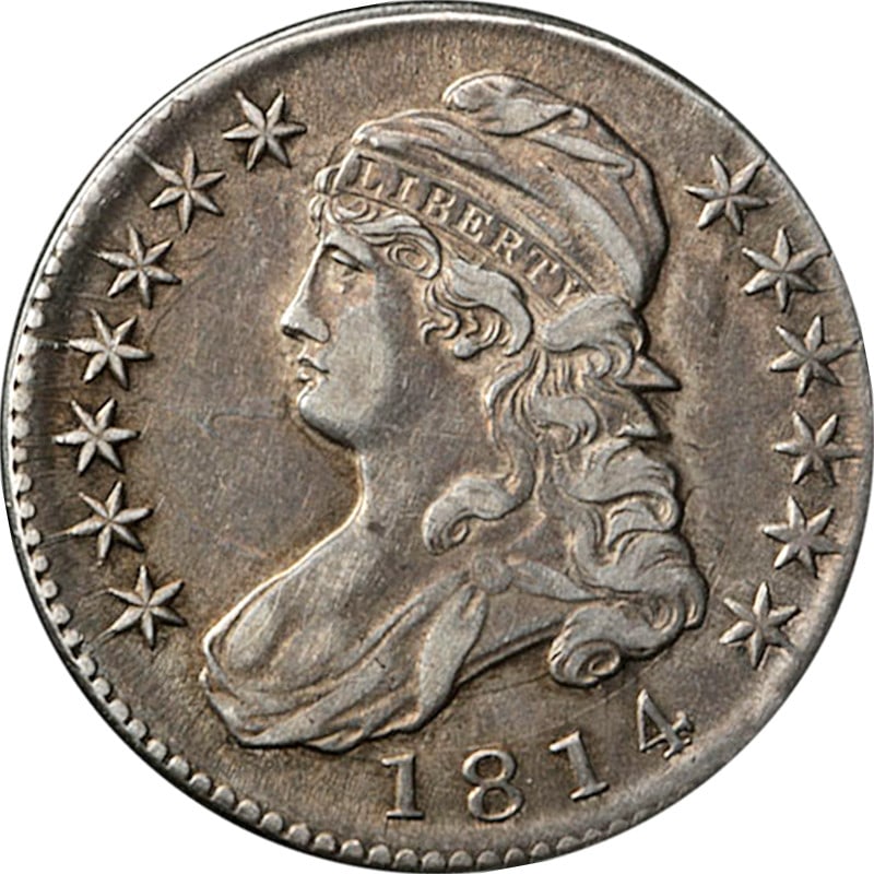 1814 Bust Half Dollar O-109 Extra Fine with Clash Marks: 1814 Bust Half Dollar O-109 Extra Fine with Clash Marks This 1814 Bust Half Dollar, designated O-109, features striking clash marks on both sides, enhancing its visual appeal. Graded as Choice XF, thi