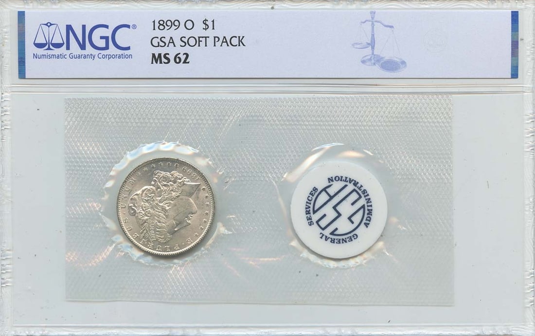 NGC MS62 1899-O Morgan Silver Dollar in GSA Soft Pack: NGC MS62 1899-O Morgan Silver Dollar in GSA Soft Pack This 1899-O Morgan Dollar is presented in a GSA soft pack and certified by NGC with a grade of MS62. Minted in New Orleans, this uncirculated coin
