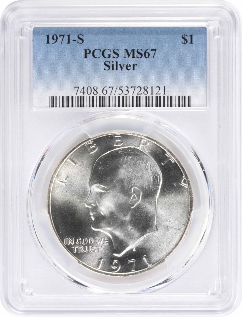 PCGS MS67 1971 S Eisenhower Silver Dollar $1 Coin: PCGS MS67 1971 S Eisenhower Silver Dollar $1 Coin 1971-S Eisenhower silver dollar graded MS67 by PCGS. This uncirculated United States $1 coin is a pre-owned example struck in silver. Specifications C