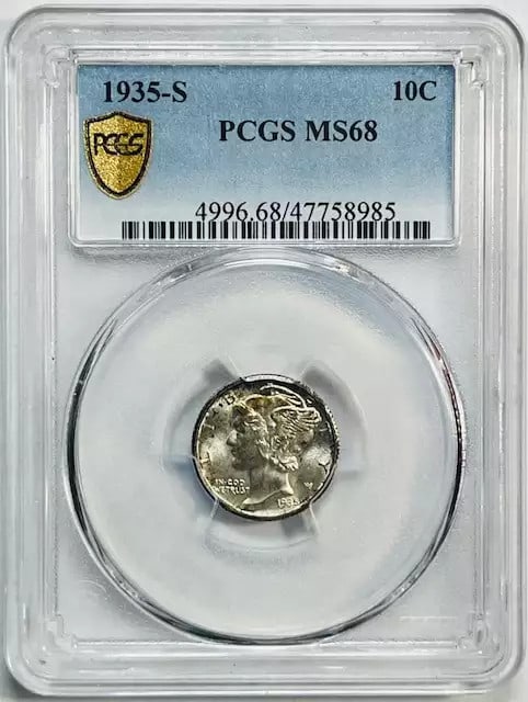 PCGS MS 68 1935-S Mercury Silver Dime Top Pop: PCGS MS 68 1935-S Mercury Silver Dime Top Pop 1935-S Mercury Dime certified by PCGS and graded MS 68. This uncirculated silver dime was minted in San Francisco and is listed in pre-owned condition. Th