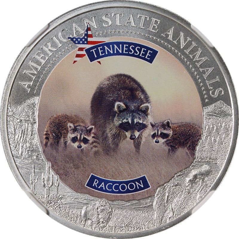 NGC MS70 2021 Cook Islands Tennessee Raccoon 1 oz Silver $5 Coin: NGC MS70 2021 Cook Islands Tennessee Raccoon 1 oz Silver $5 Coin Original 2021 Cook Islands $5 silver coin featuring the Tennessee raccoon from the U.S. State Animal series. This uncirculated colorize
