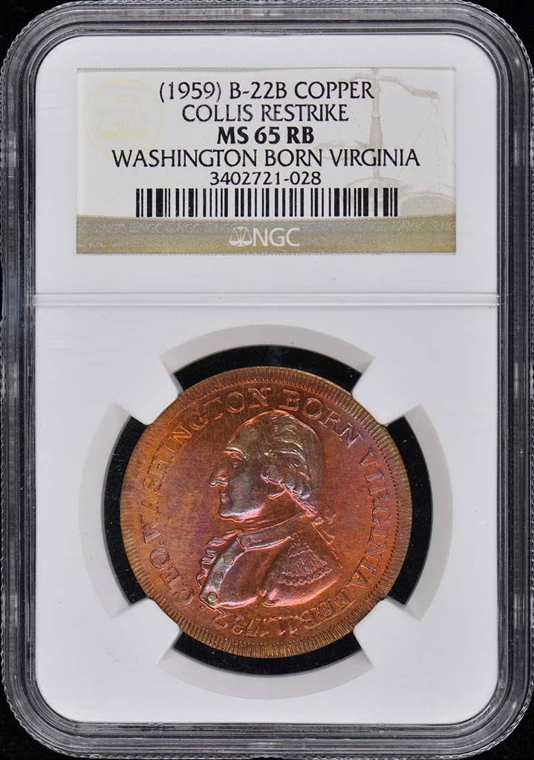 NGC MS65RB Collis B-22B 1959 Copper Restrike Certified Coin: NGC MS65RB Collis B-22B 1959 Copper Restrike Certified Coin This is a 1959 B-22B Collis restrike copper coin graded MS65RB by NGC. The coin is in un-used condition and has been certified by NGC with c