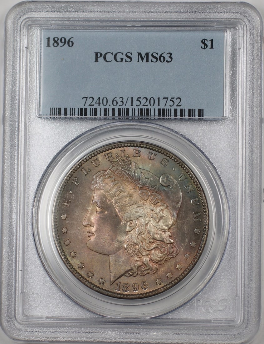 PCGS MS-63 1896 Silver Morgan Dollar Philadelphia Toned Uncirculated: PCGS MS-63 1896 Silver Morgan Dollar Philadelphia Toned Uncirculated This 1896 Morgan Silver Dollar is graded MS-63 by PCGS and features attractive toning. Struck in Philadelphia, it is composed of si