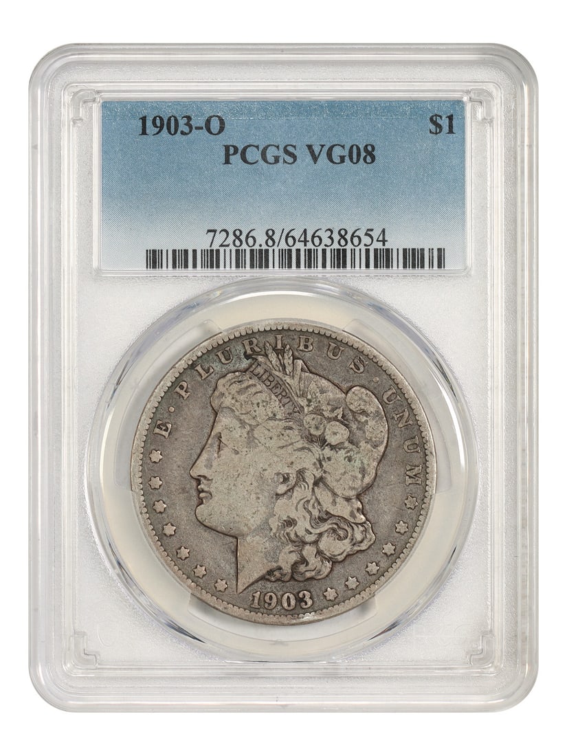 PCGS VG8 1903-O Morgan Silver Dollar $1 New Orleans: PCGS VG8 1903-O Morgan Silver Dollar $1 New Orleans 1903-O Morgan Dollar with a $1 denomination, certified by PCGS and graded VG8. This circulated coin was struck in New Orleans and is described as an