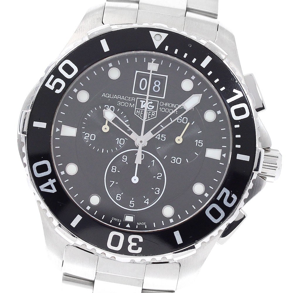 TAG Heuer Aquaracer Quartz Chronograph Date Men's Stainless Steel Watch CAN1010: TAG Heuer Aquaracer Quartz Chronograph Date Men's Stainless Steel Watch CAN1010 This TAG Heuer Aquaracer CAN1010 is a men's chronograph wristwatch featuring a stainless steel case and band with a blac