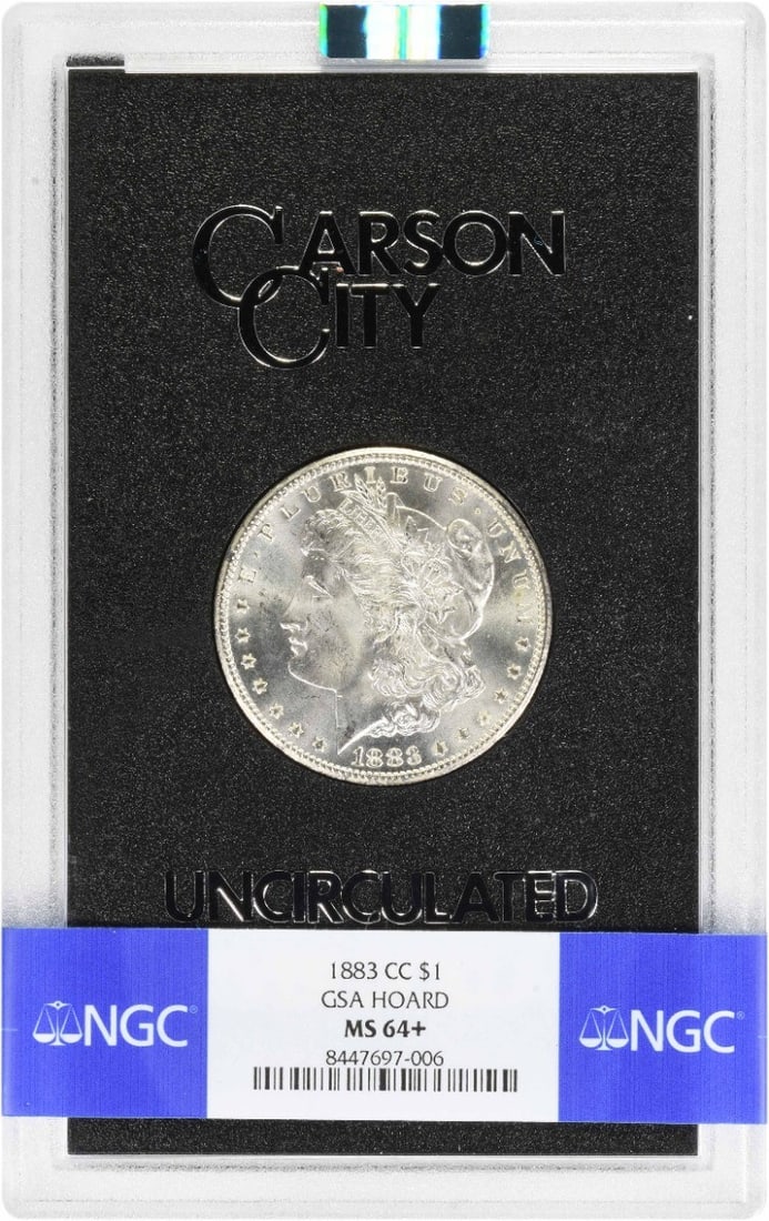 NGC GSA Holder 1883 CC Morgan Dollar MS64+: NGC GSA Holder 1883 CC Morgan Dollar MS64+ This 1883-CC Morgan Silver Dollar is graded MS64+ by NGC and comes in a GSA holder. Struck at the Carson City Mint, this uncirculated coin is composed of 90%