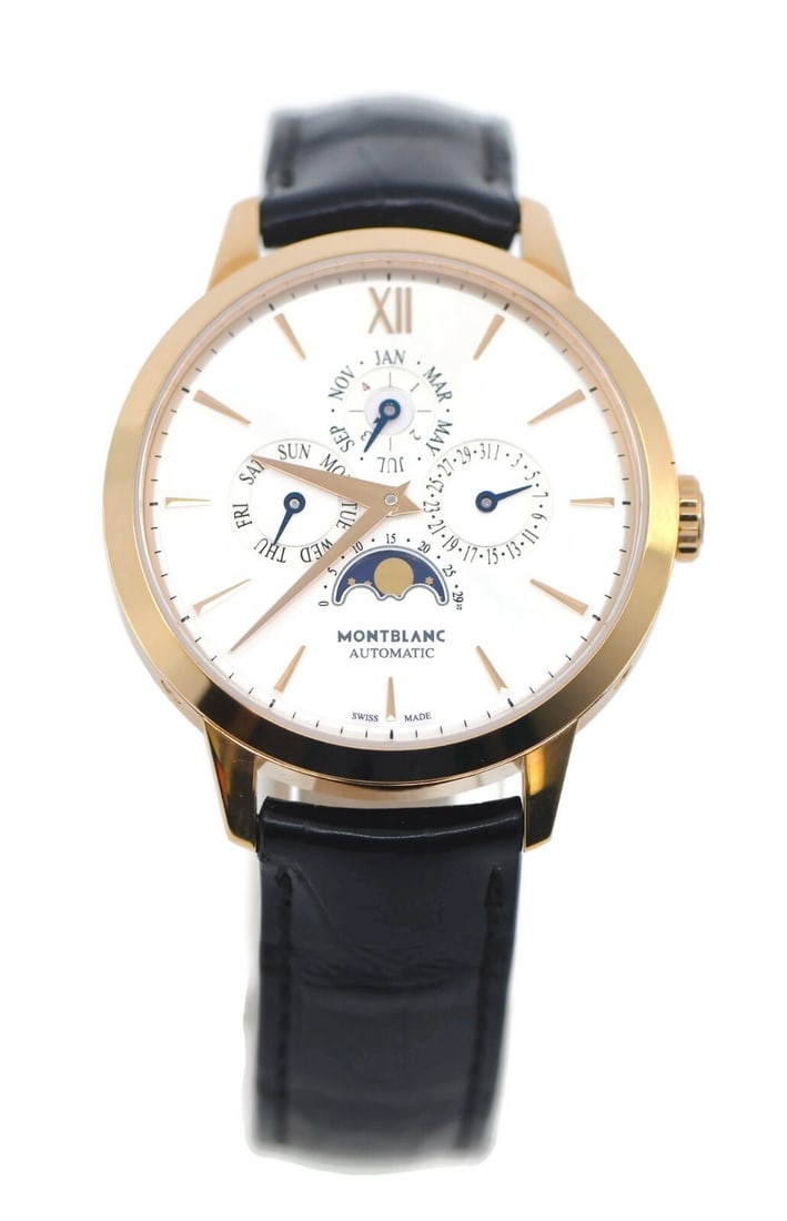 Montblanc Heritage 18K Rose Gold Perpetual Calendar Watch 110714: Montblanc Heritage 18K Rose Gold Perpetual Calendar Watch 110714 Discover the exquisite Montblanc Heritage Perpetual Calendar wristwatch, a sophisticated blend of elegance and precision. This pre-owne