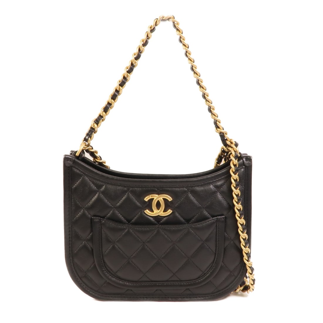 CHANEL AS4666 CC Hobo Shoulder Bag Black Calfskin GHW: CHANEL AS4666 CC Hobo Shoulder Bag Black Calfskin GHW A CHANEL hobo shoulder bag in black calfskin leather with gold-tone hardware. It features a regular size, black exterior and frame color, and a sh