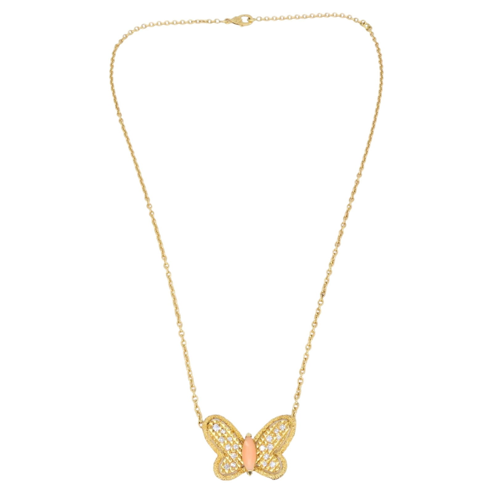 Van Cleef Arpels 18k Gold Butterfly Necklace with Coral and Diamonds: Van Cleef Arpels 18k Gold Butterfly Necklace with Coral and Diamonds A charming butterfly necklace crafted in 18k gold and accented with coral and diamonds. The pendant features an openwork butterfly 
