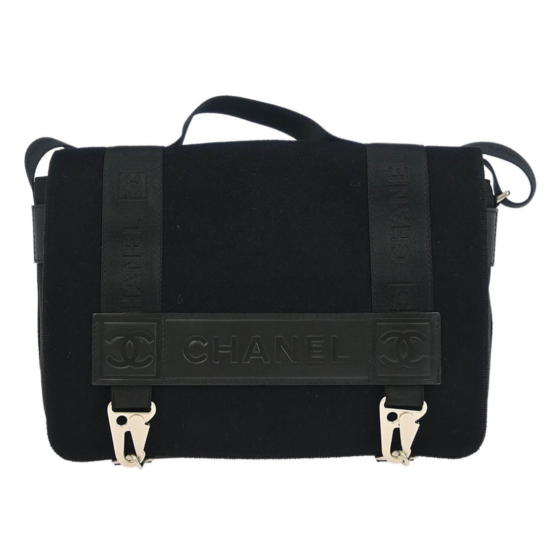 CHANEL Sport Line 2way Top Handle Bag Black Felt Nylon: CHANEL Sport Line 2way Top Handle Bag Black Felt Nylon Chanel Sport Line 2way handbag in black felt nylon with calfskin trim and canvas handle/strap. This medium top handle bag features logo accents, 