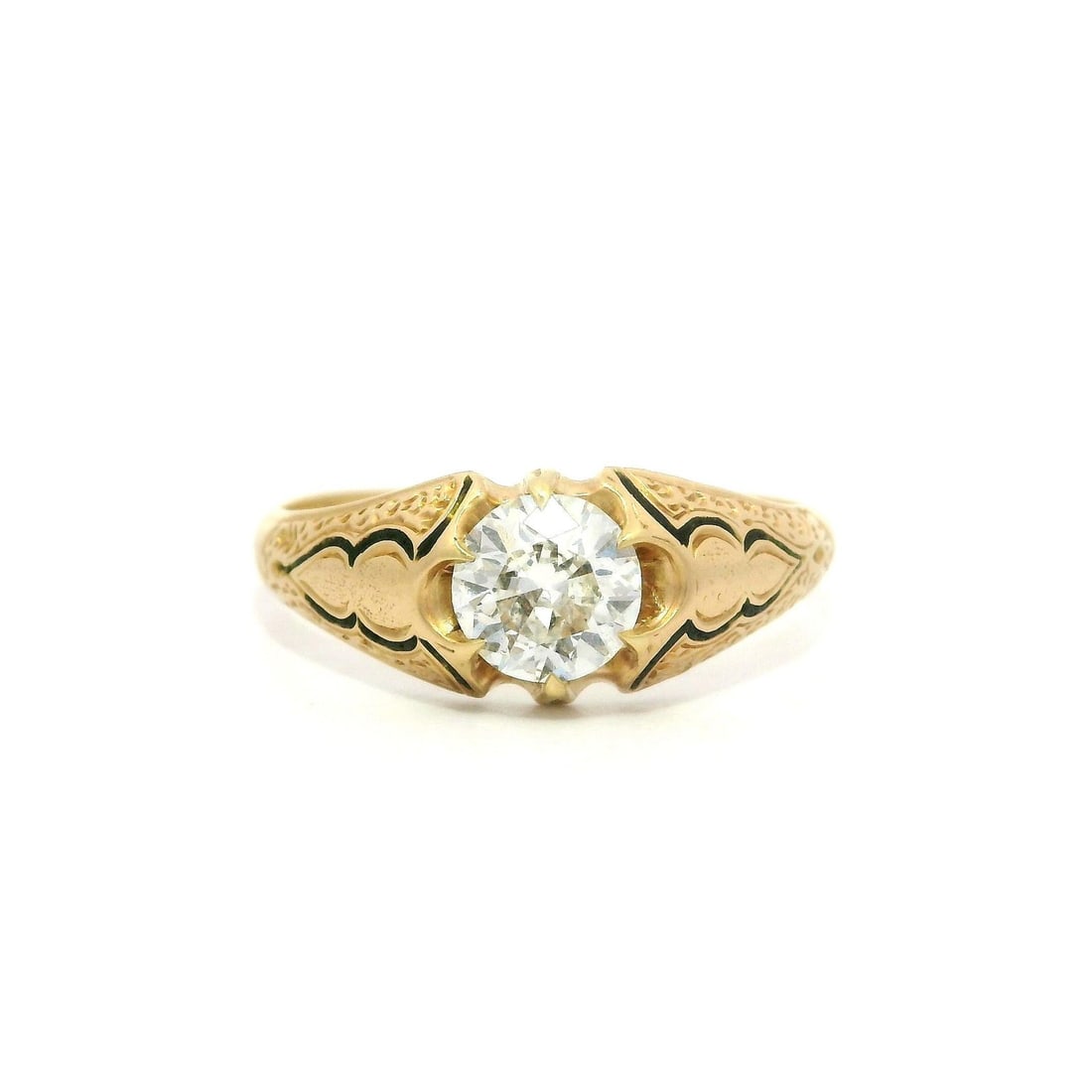 Victorian 15k Yellow Gold Diamond Solitaire Ring with Black Enamel: Victorian 15k Yellow Gold Diamond Solitaire Ring with Black Enamel This exquisite Antique Victorian solitaire ring features a stunning natural diamond weighing approximately 0.54 carats. The diamond i