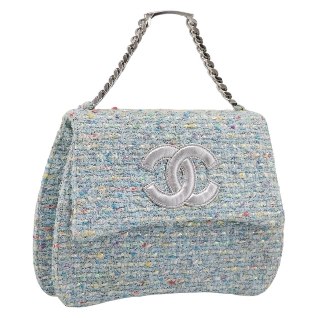 CHANEL Coco Mark Tweed Canvas Shoulder Bag Light Blue Silver: CHANEL Coco Mark Tweed Canvas Shoulder Bag Light Blue Silver Chanel Coco Mark chain hand bag in light blue tweed with silver-tone CC detailing. Made in France, this women's handbag includes the guaran
